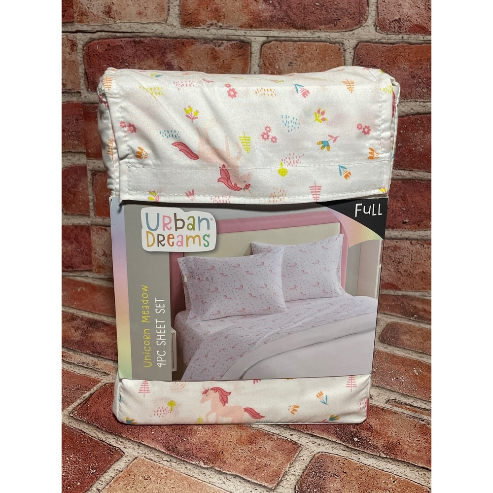 Urban Dreams Unicorn Meadow 4PC Sheet Set Full Size Pink White Floral Bedding